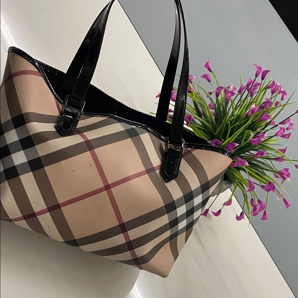 Burberry Plaid Tan and Black Women's Tote Bag 15”. X. 9” all approximately